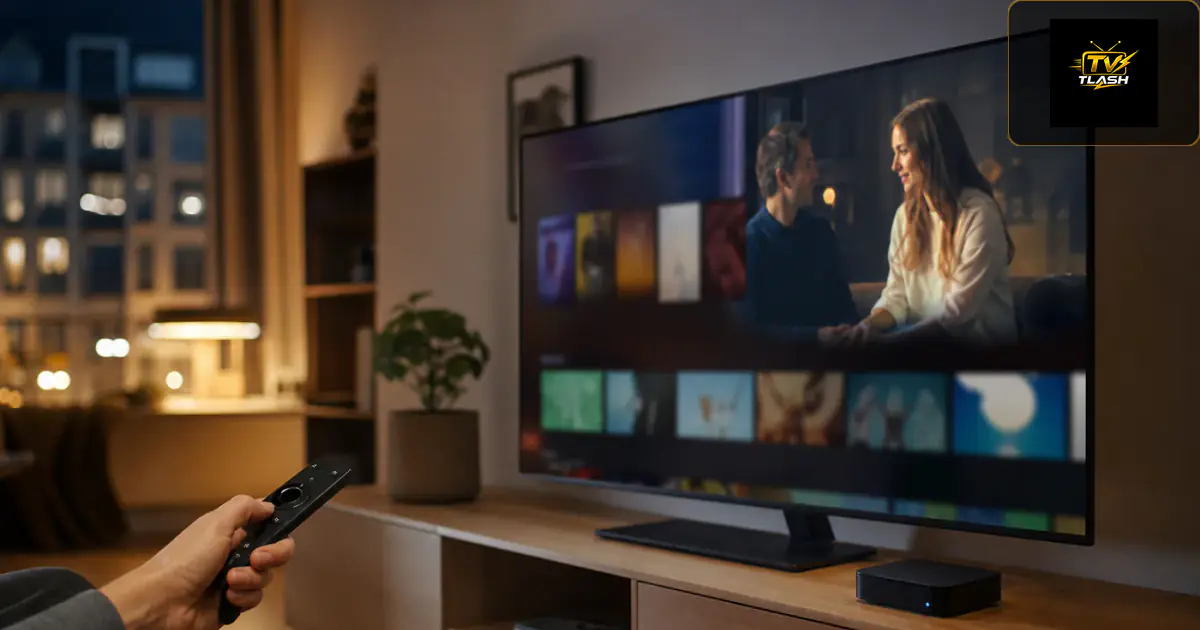 Android TV Box neben großem Fernseher mit Fernbedienung — IPTV App auf dem Bildschirm