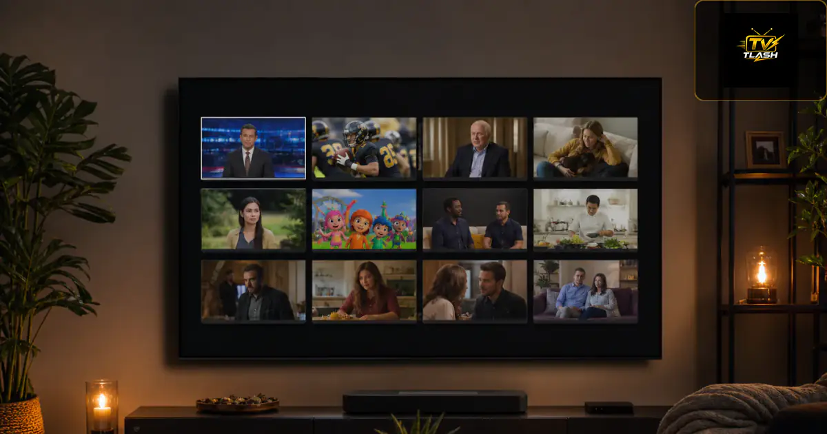 Fire TV Oberfläche mit Live-TV Kanalraster im Wohnzimmer — beste IPTV App