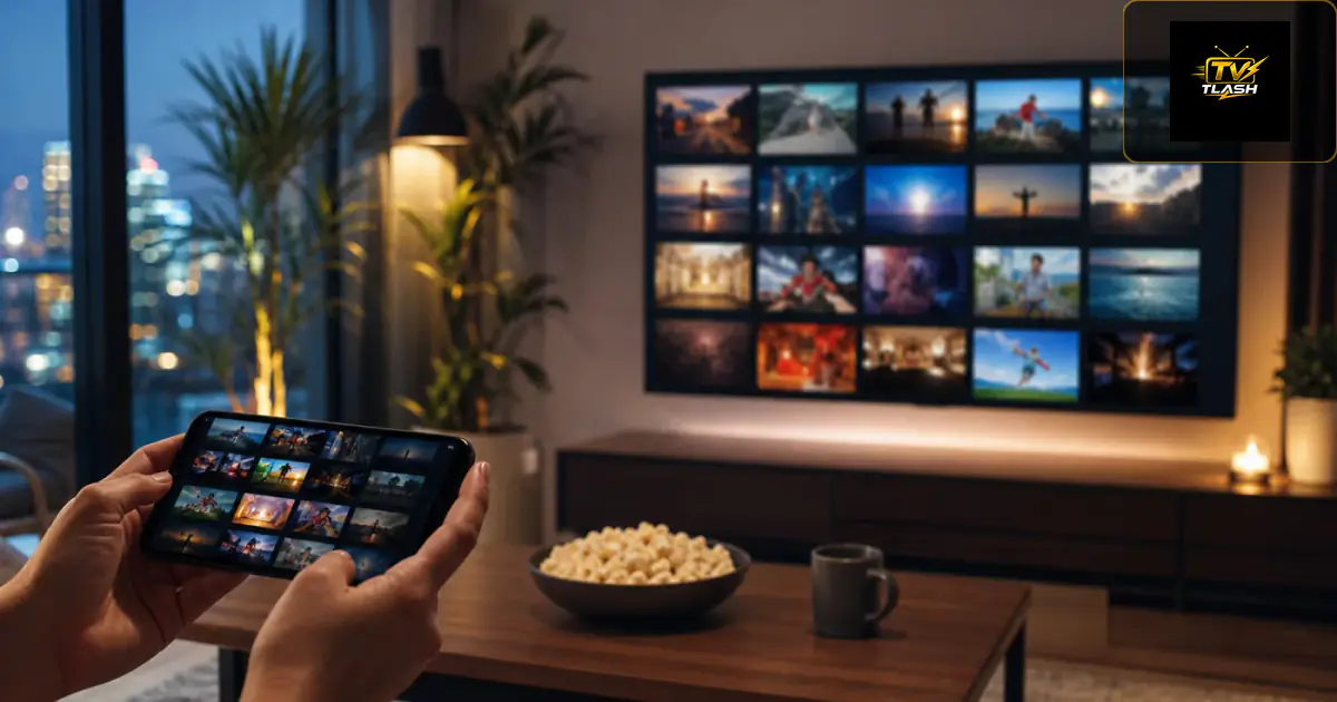 Smartphone und Fernseher mit Live-TV-App auf dem Couchtisch — IPTV Apps Vergleich Deutschland