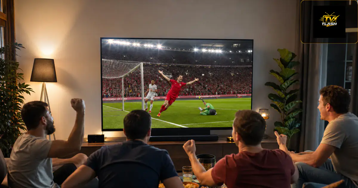 Freunde schauen Bundesliga Live am großen Fernseher mit Snacks — IPTV Fußball in Deutschland