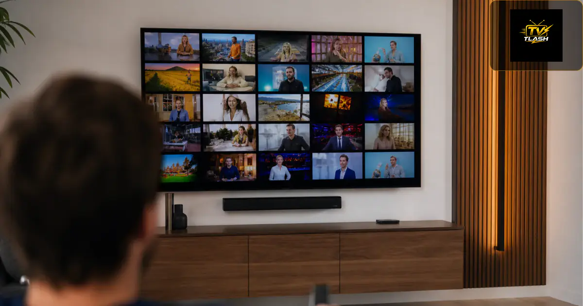 Fernseher zeigt deutsche Senderliste im Raster — IPTV Kanäle in Deutschland