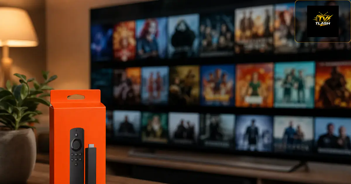 Fire TV Stick neben Fernseher mit Film — IPTV für Amazon Fire TV kaufen