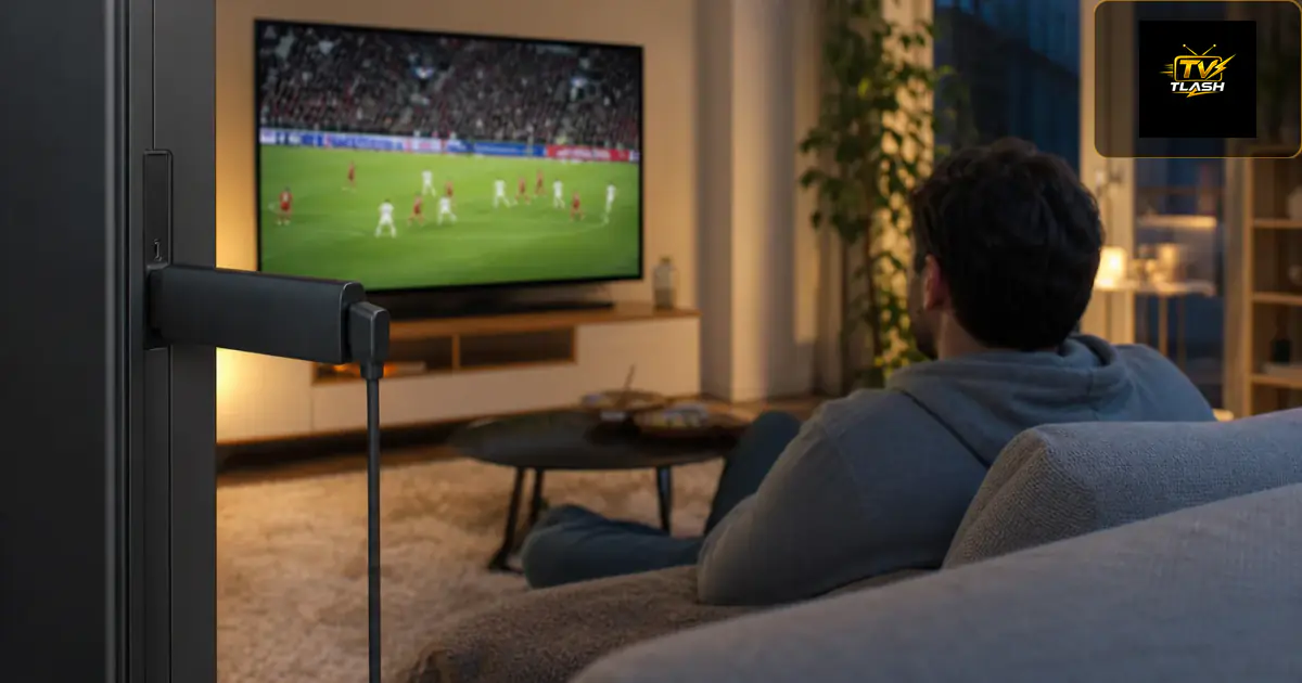 Fire TV Stick am 4K-Fernseher im Wohnzimmer — Live-Fußball per IPTV in Deutschland