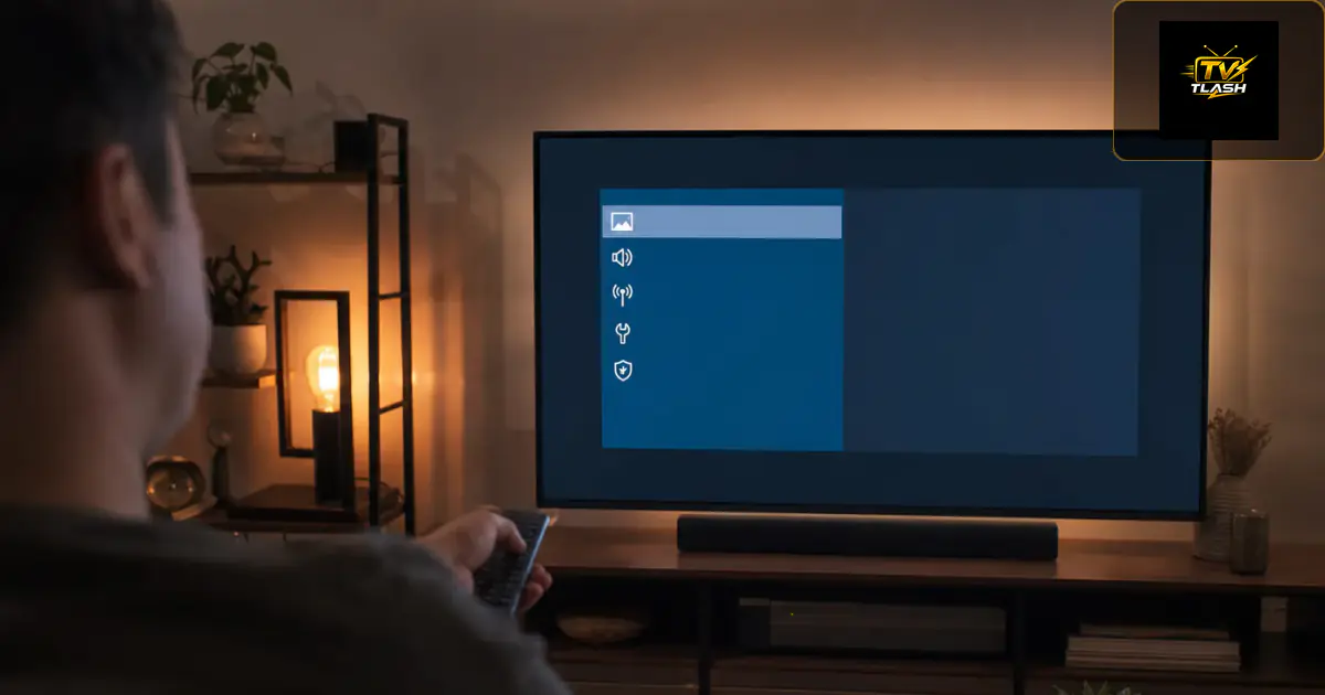 Smart TV zeigt IBO Player Einrichtungsmenü — Person mit Fernbedienung im Wohnzimmer
