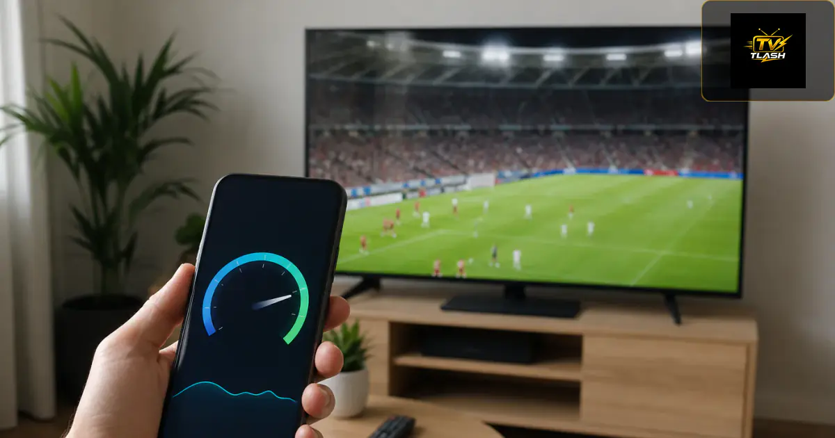Speedtest auf dem Smartphone neben 4K Fernseher mit Sport — Internet für IPTV