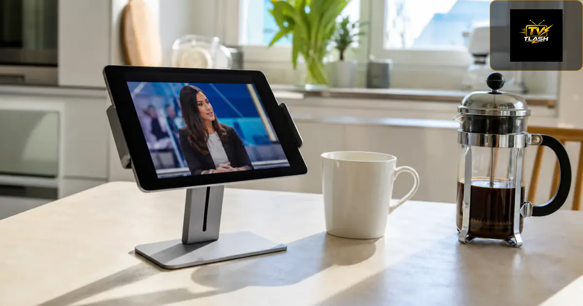 iPad auf Ständer streamt Live-TV auf der Küchentheke — IPTV für iPad