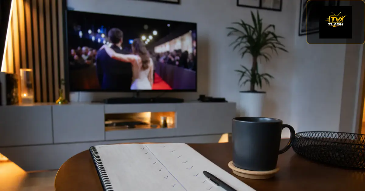 Notizbuch mit Abo-Vergleich, Fernseher zeigt Film-Premiere — IPTV Abo kaufen Deutschland