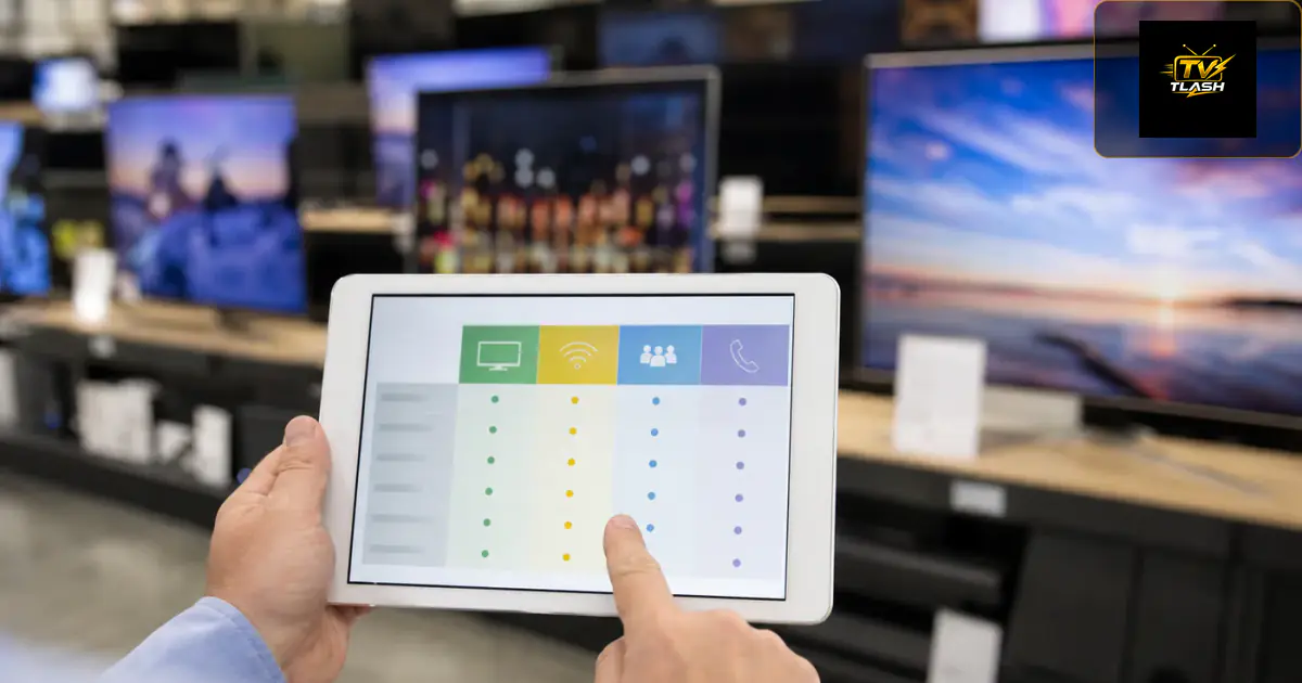 Vergleichstabelle auf Tablet, Fernseher im Hintergrund — IPTV Anbieter Vergleich