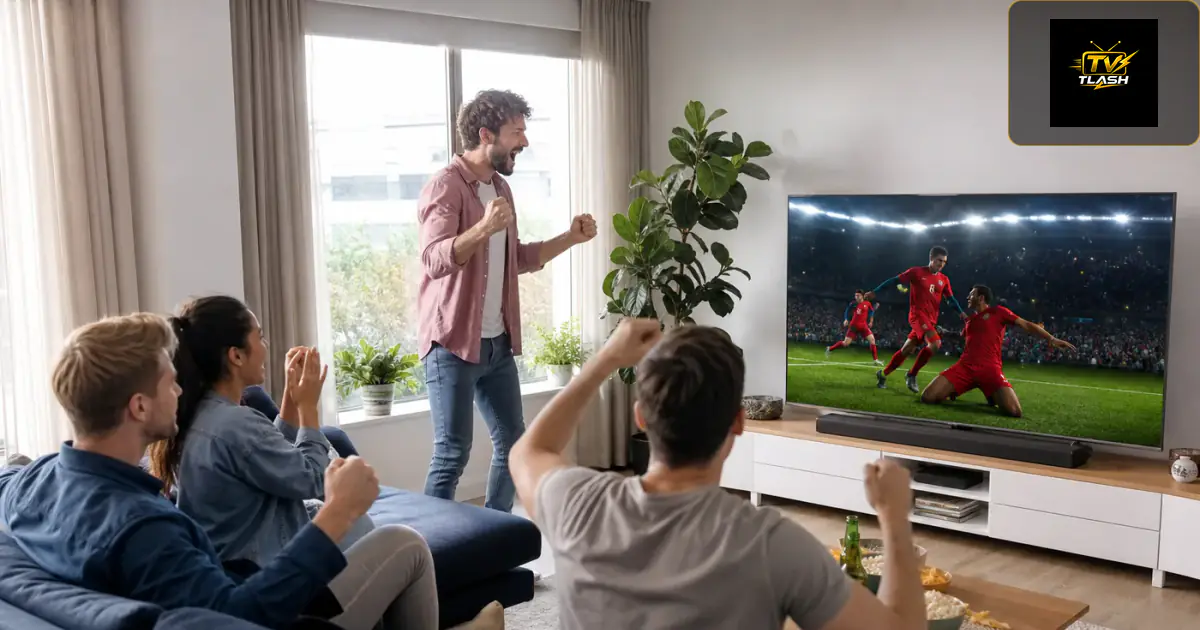 Modernes Wohnzimmer mit Fernseher und Live-Sport — IPTV Angebot Deutschland 2026