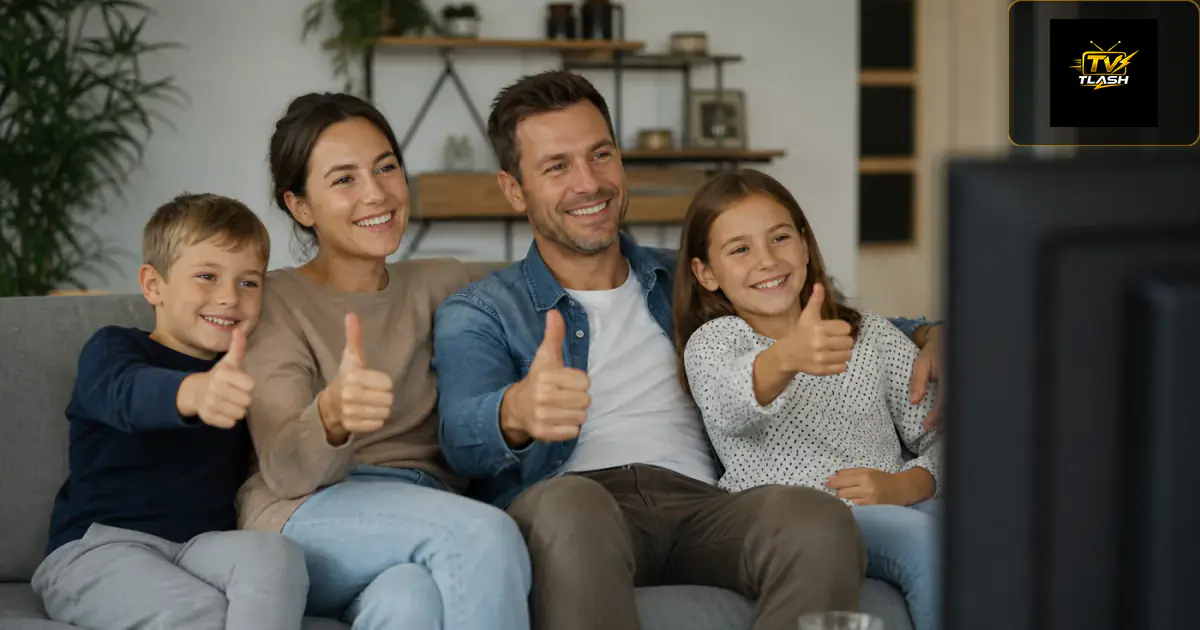 Deutsche Familie gibt Daumen hoch vor dem Fernseher — IPTV Erfahrungen 2026
