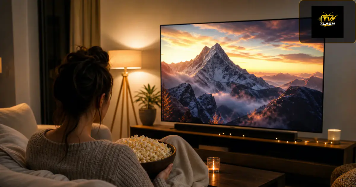 Filmabend mit Popcorn und Blockbuster auf OLED Fernseher — IPTV Filme und Serien