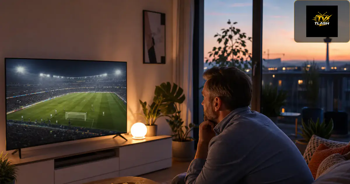 Abendliches Prime-Time Sport am Fernseher bei Dämmerung — IPTV abends