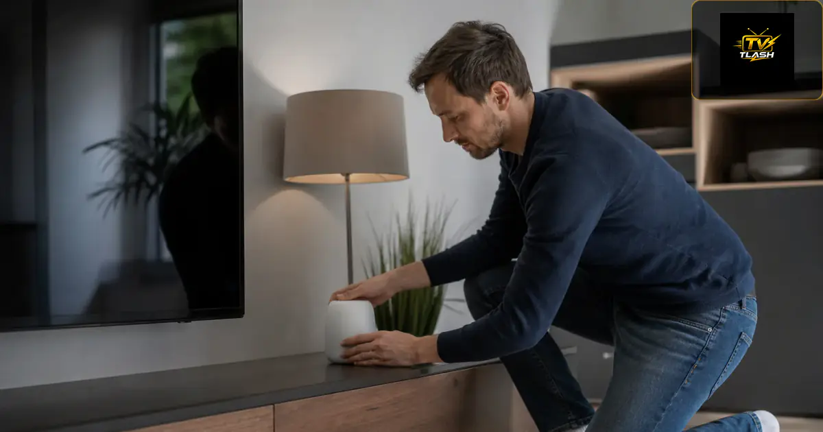 Person optimiert WLAN Mesh nahe am Fernseher — IPTV hängt ständig beheben