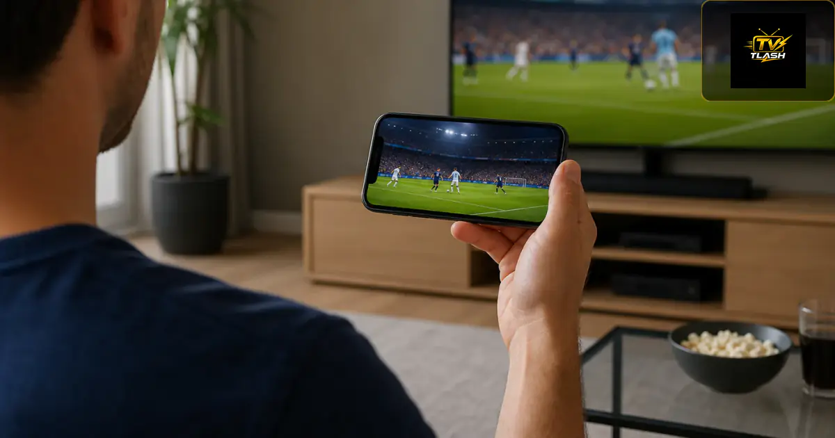 Person streamt Live-Sport auf dem iPhone, AirPlay zum Fernseher im Hintergrund