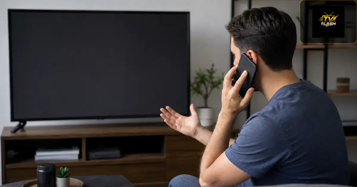 Leere Kanalliste am Fernseher — Person kontaktiert Support per Handy