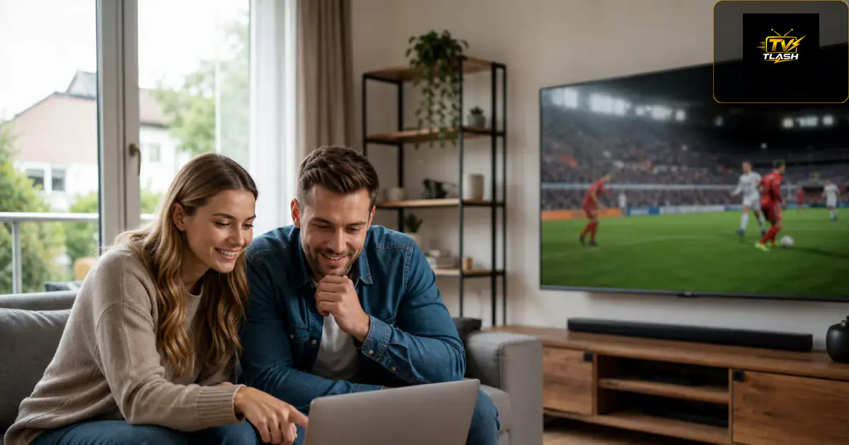 Paar vergleicht IPTV Angebote am Laptop, Fernseher läuft im Hintergrund — Kauf in Deutschland