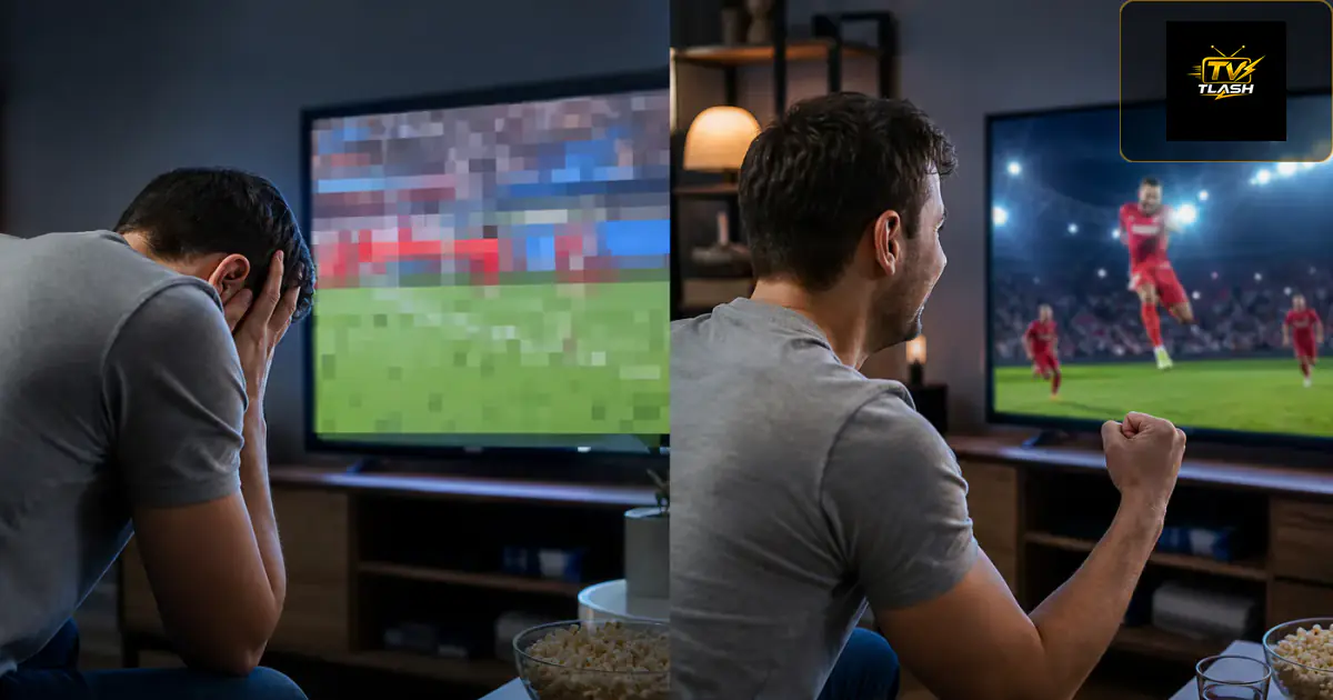 Enttäuschter Fan bei Stream-Ausfall, dann klares Bild — Live-Sport IPTV