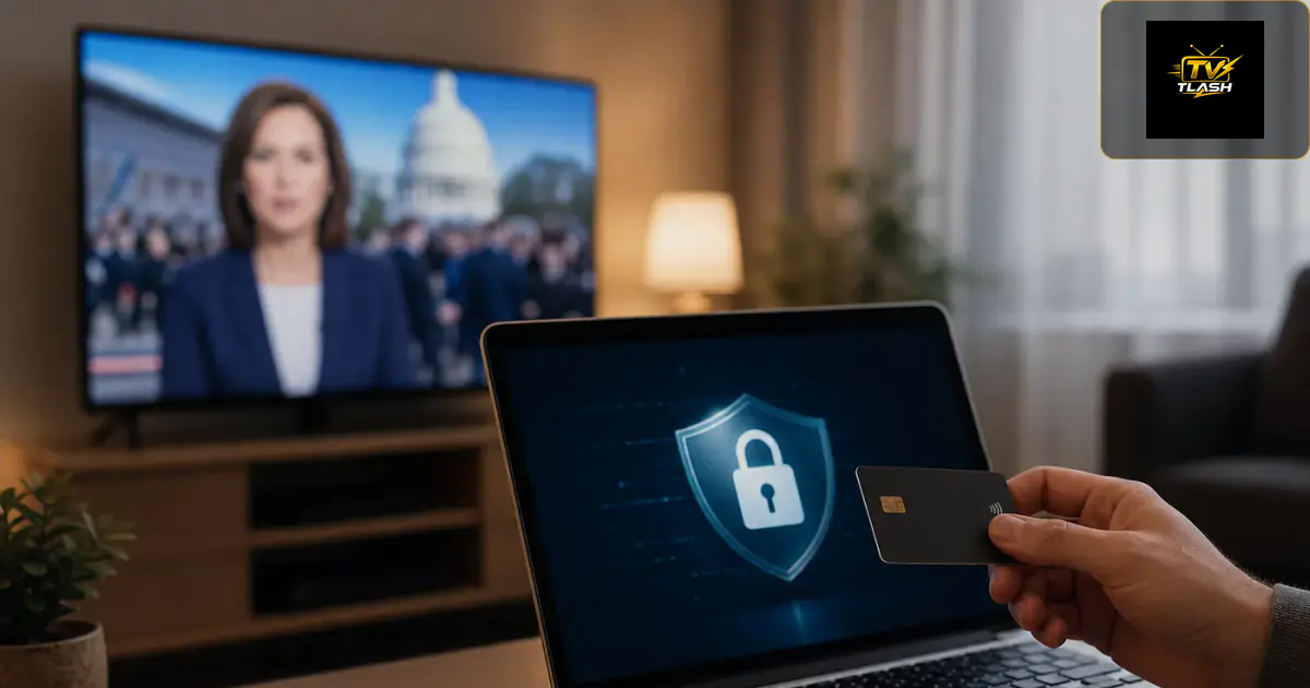 Sichere Zahlung am Laptop, Fernseher läuft — IPTV bei offiziellem Anbieter kaufen