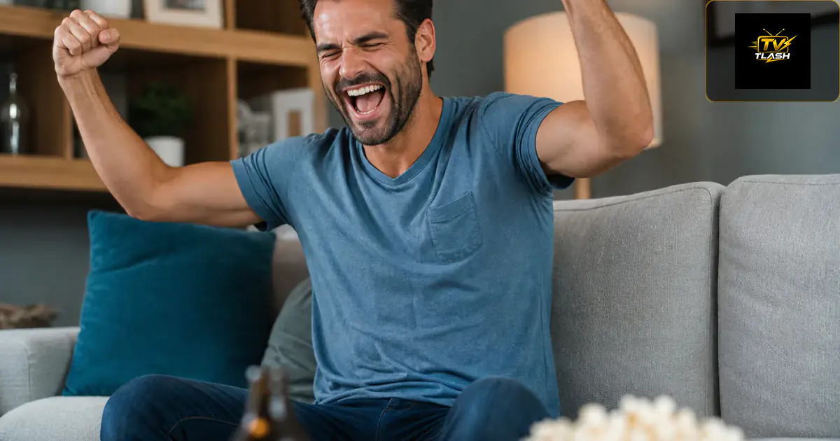 Flüssiger Fußball-Stream ohne Aussetzer — erleichterter Zuschauer auf dem Sofa