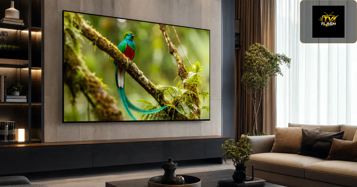 Luxus-Wohnzimmer mit 75-Zoll Fernseher und 4K Dokumentation — Premium IPTV Angebot