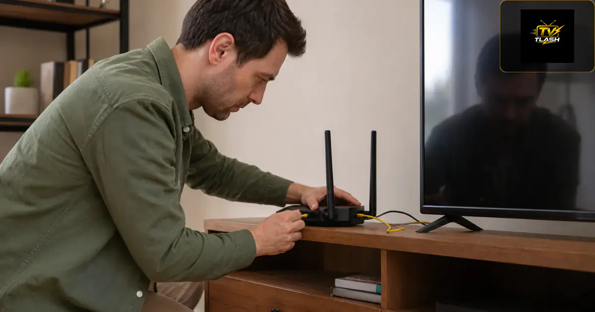 Person behebt IPTV Probleme an Router und Fernseher im deutschen Wohnzimmer