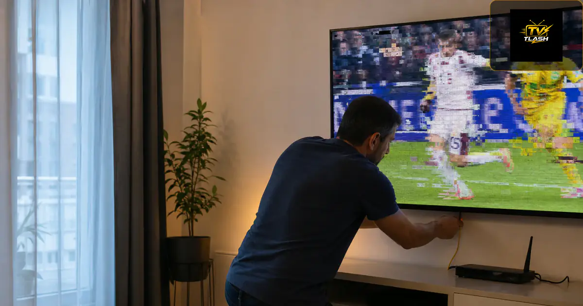 Ruckelnder Sport am TV, Person schließt LAN-Kabel an — IPTV ruckelt in Deutschland
