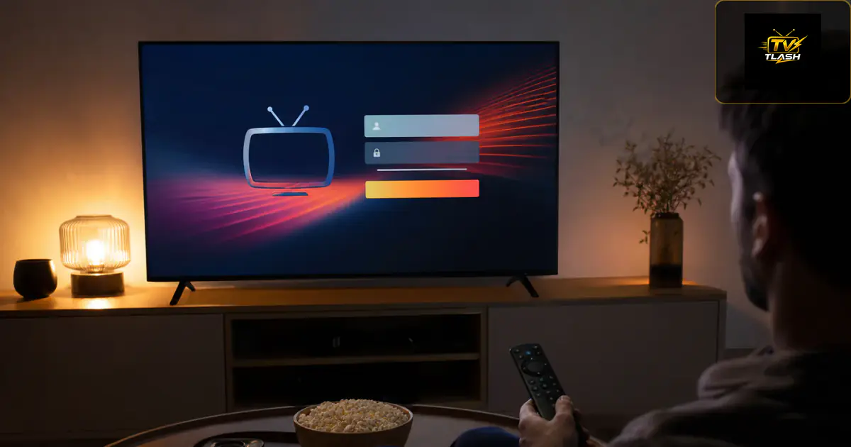 Fire TV mit IPTV Smarters Login-Bildschirm im abendlichen Wohnzimmer