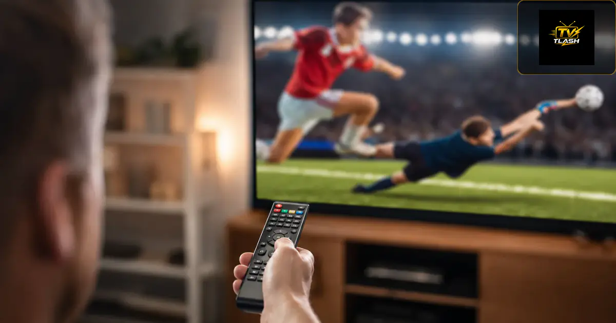 Eingefrorenes Sportbild am Fernseher — Person drückt Fernbedienung bei IPTV Freeze