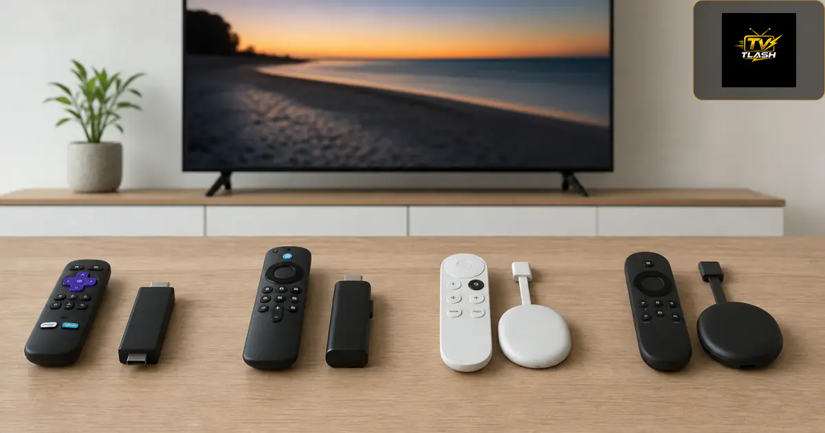 Schreibtisch mit mehreren Streaming-Geräten und Fernseher — IPTV Vergleich 2026