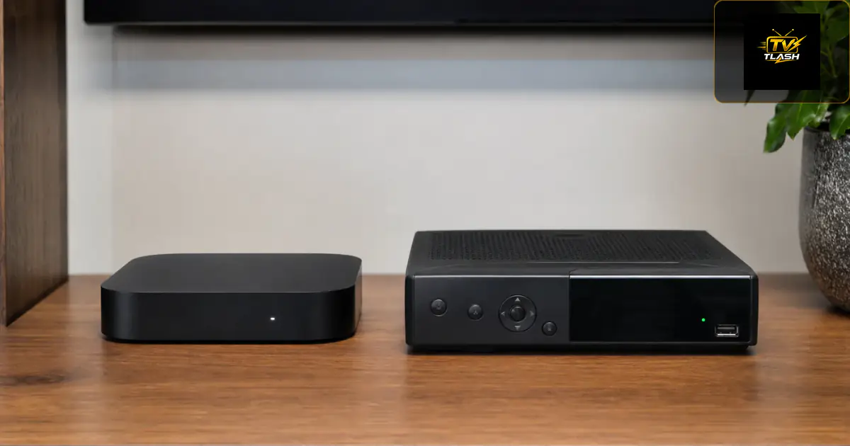 IPTV Streaming Box und klassische Kabel-Set-Top-Box im Vergleich am Fernseher