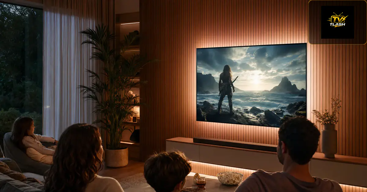 LG OLED Fernseher an der Wand, Familie schaut Serie — IPTV Streaming mit LED-Hintergrundbeleuchtung