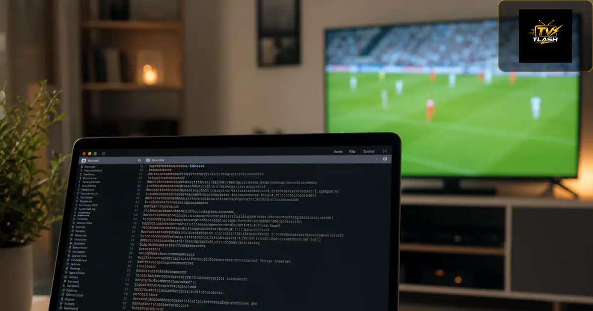 Computer mit M3U Playlist Datei, Fernseher zeigt Kanäle — IPTV Einrichtung