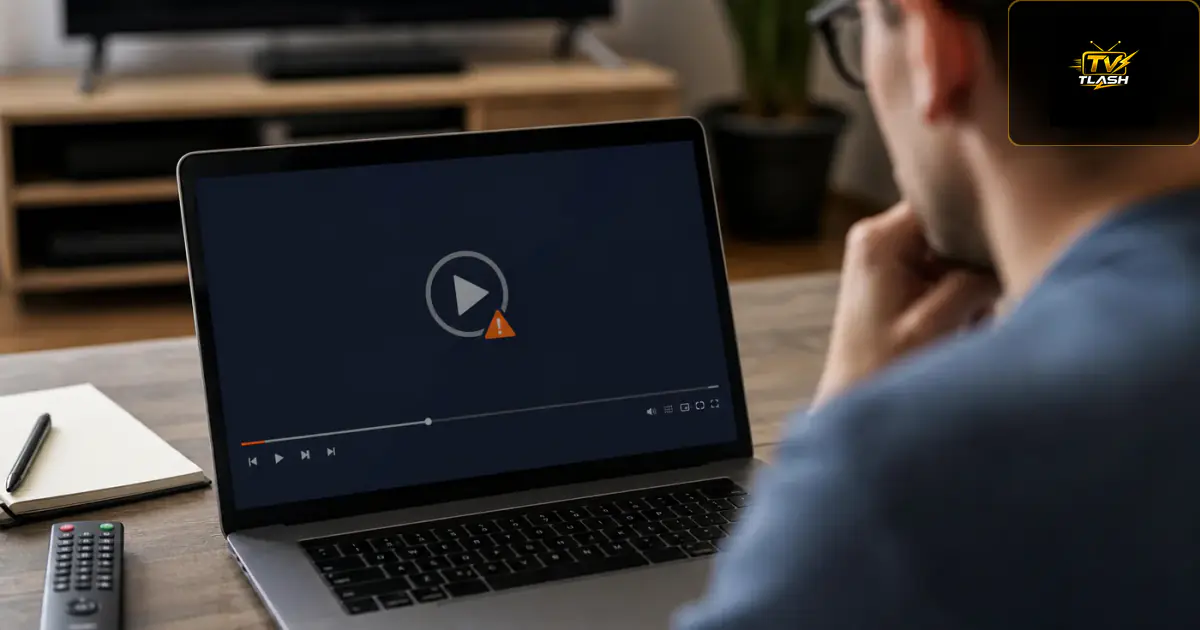 Laptop mit Player-Fehler, dunkler Fernseher — M3U Playlist reparieren