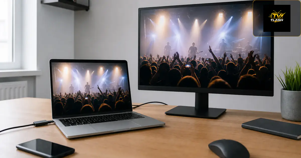 MacBook streamt Live-TV auf externen Monitor am Schreibtisch — IPTV für Mac