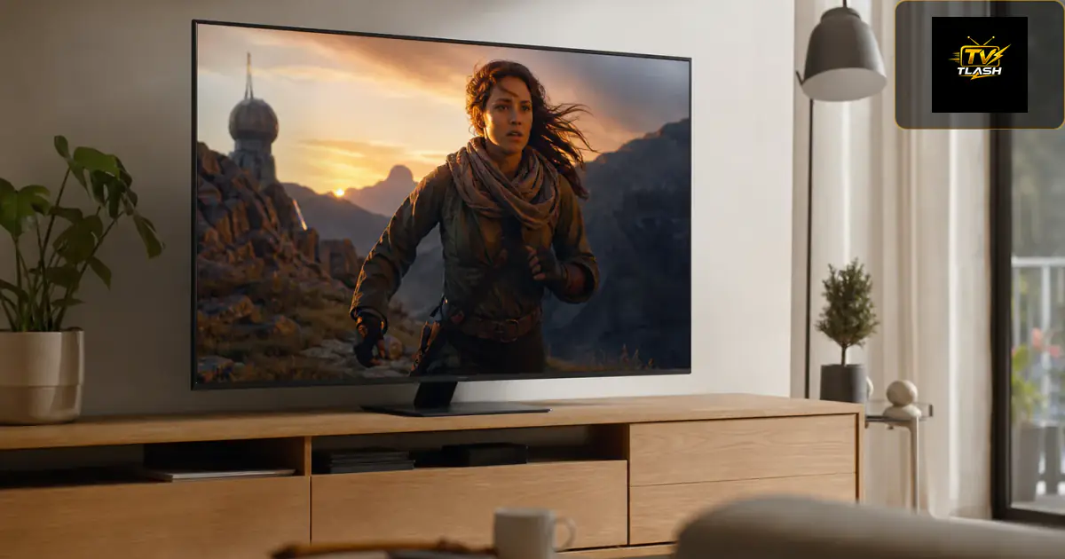 Samsung Smart TV auf Medienmöbel mit Streaming-Film — IPTV Einrichtung im modernen Wohnzimmer