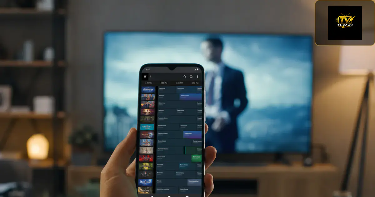 Android Smartphone mit EPG TV-Guide, Fernseher im Hintergrund — TiviMate Premium