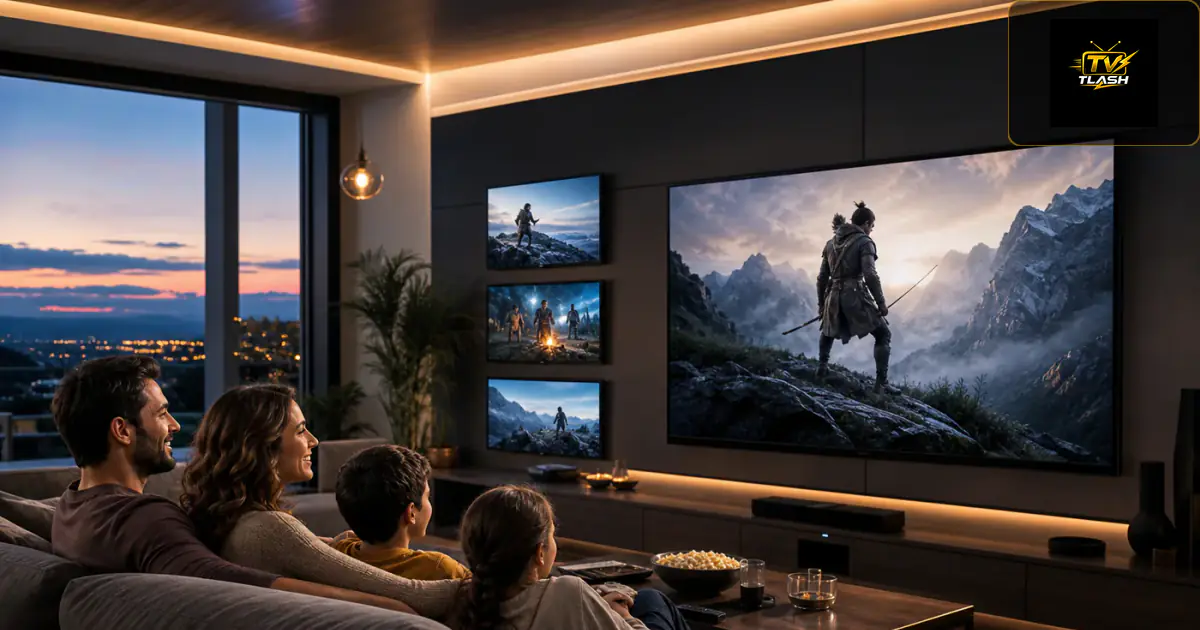 Zufriedene Familie vor mehreren Bildschirmen — Tvflash Premium IPTV Entertainment