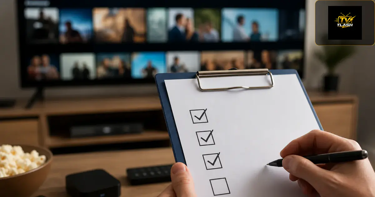 Checkliste auf Klemmbrett neben stabilem TV-Streaming — zuverlässiger IPTV Anbieter